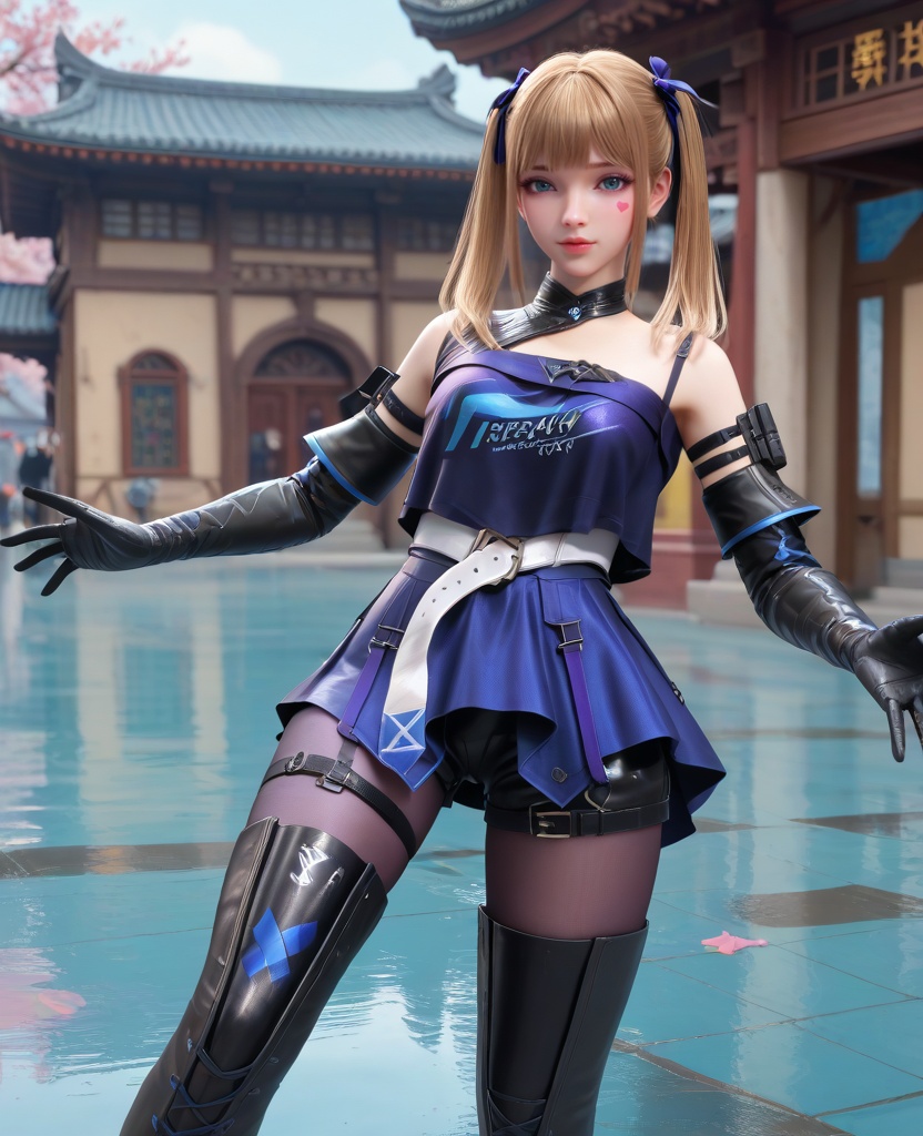 (oriental architecture, elegant decor, sophisticated style:1.1),(reaching:1.1),(breasts:1.2),<lora:XL16穿越火线晴雅保卫者:0.95>,miss qingya,black latex camisole,blue eyes,heart facial mark under left eye,blonde hair,twintails,hair ribbon,blue faux two-piece skirt,white belt,brown pantyhose,thigh strap,lips,black glove sleeves,black thigh boots,latex shorts,, score_9,score_8_up,score_7_up,score_6_up,score_5_up,score_4_up,3d rendering,tag1,tag2, Cinematic Lighting,backlighting,, zPDXL3, zPDXL2,zPDXL, zPDXLxxx, zPDXLrl,