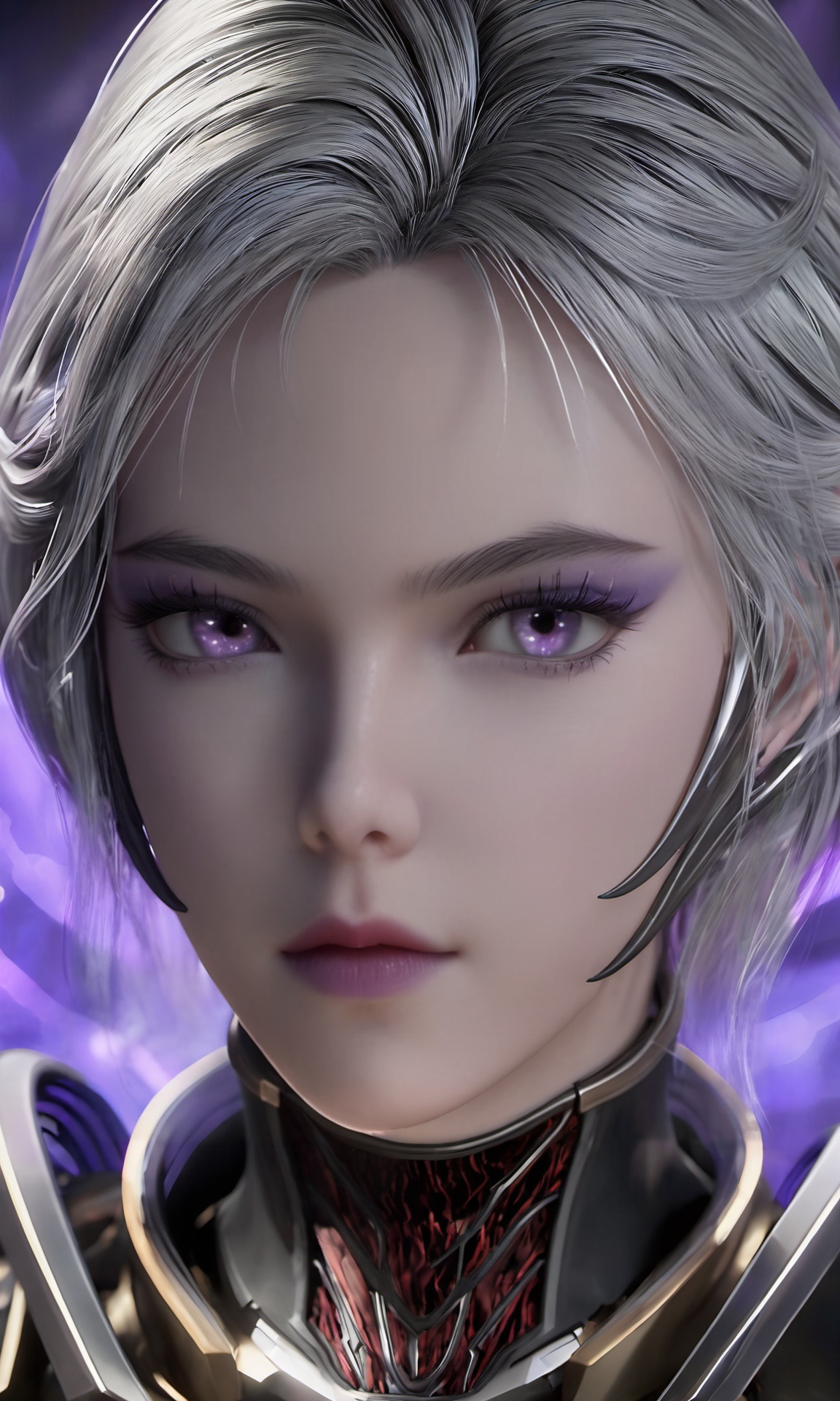 professional 3d model Bulolin,close-up of a white-haired woman,(purple special effect in the background:0.8),backlit,<lora:tunshi-Bulolin-000018:0.9>, . octane render, highly detailed, volumetric, dramatic lighting