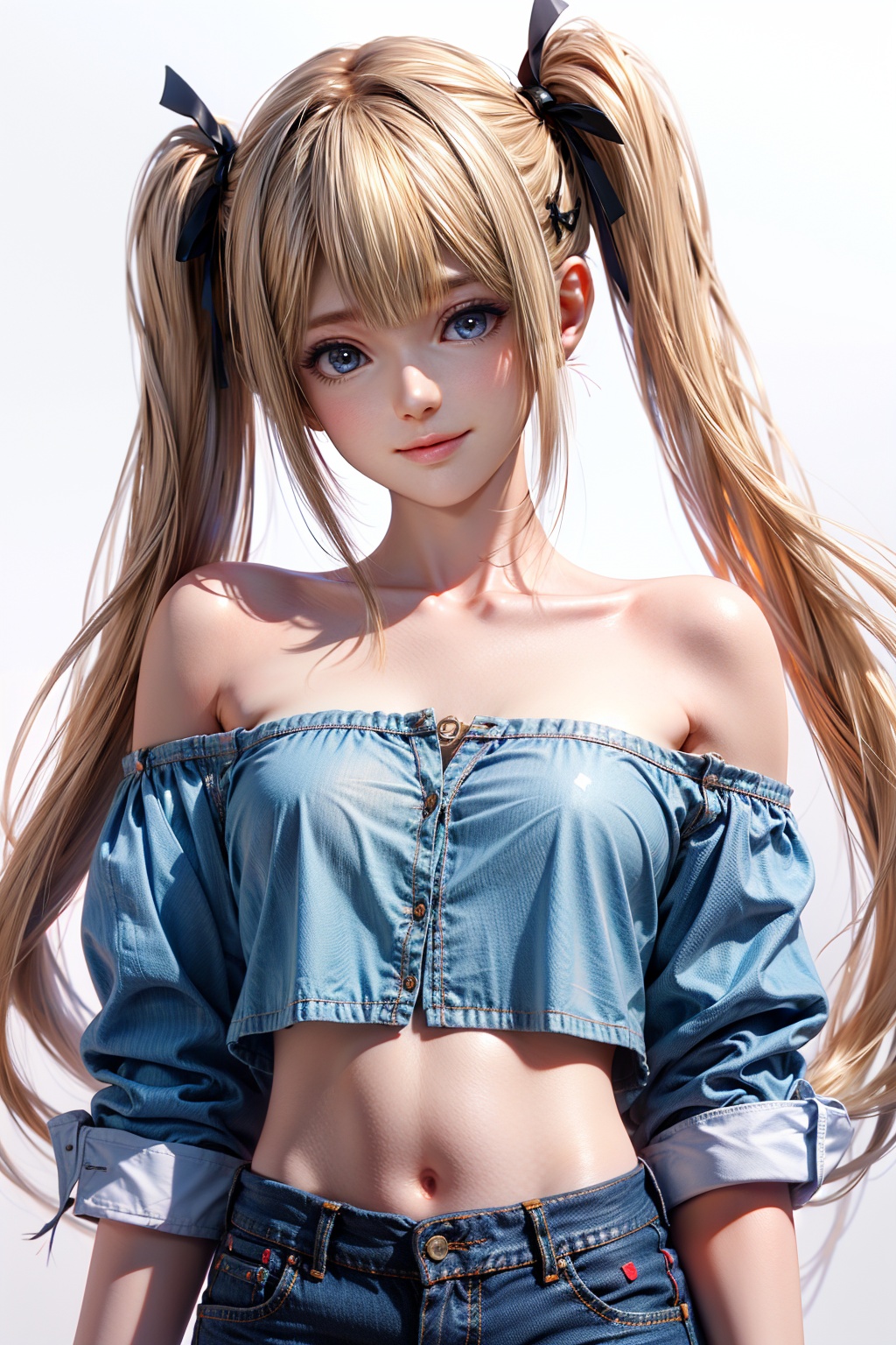 perfect hands,pretty hands,Best quality,masterpiece,ultra high res,high quality,8k,wallpaper,fine lineart,highly detailed,absurdres,upper body,(waving:1.1),marie rose,1girl,solo,breasts,navel,white background,small breasts,looking at viewer,standing,simple background,closed mouth,bandeau,smile,denim shorts,bare shoulders,collarbone,open fly,strapless,midriff,front view,<lora:marierose2rface:0.7>,<lora:女生Add More Details - Detail Enhancer _ Tweaker (细节调整) LoRA_v1.0:0.5>,twintails,
