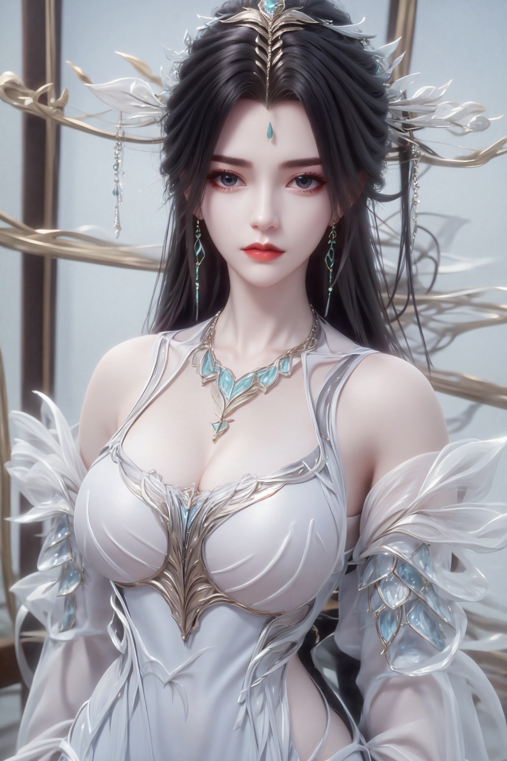 <lora:20250601-1748783307257:1>,1girl,hair ornament,solo,dress,jewelry,long hair,earrings,upper body,black hair,looking at viewer,white dress,forehead mark,bare shoulders,detached sleeves,expressionless,