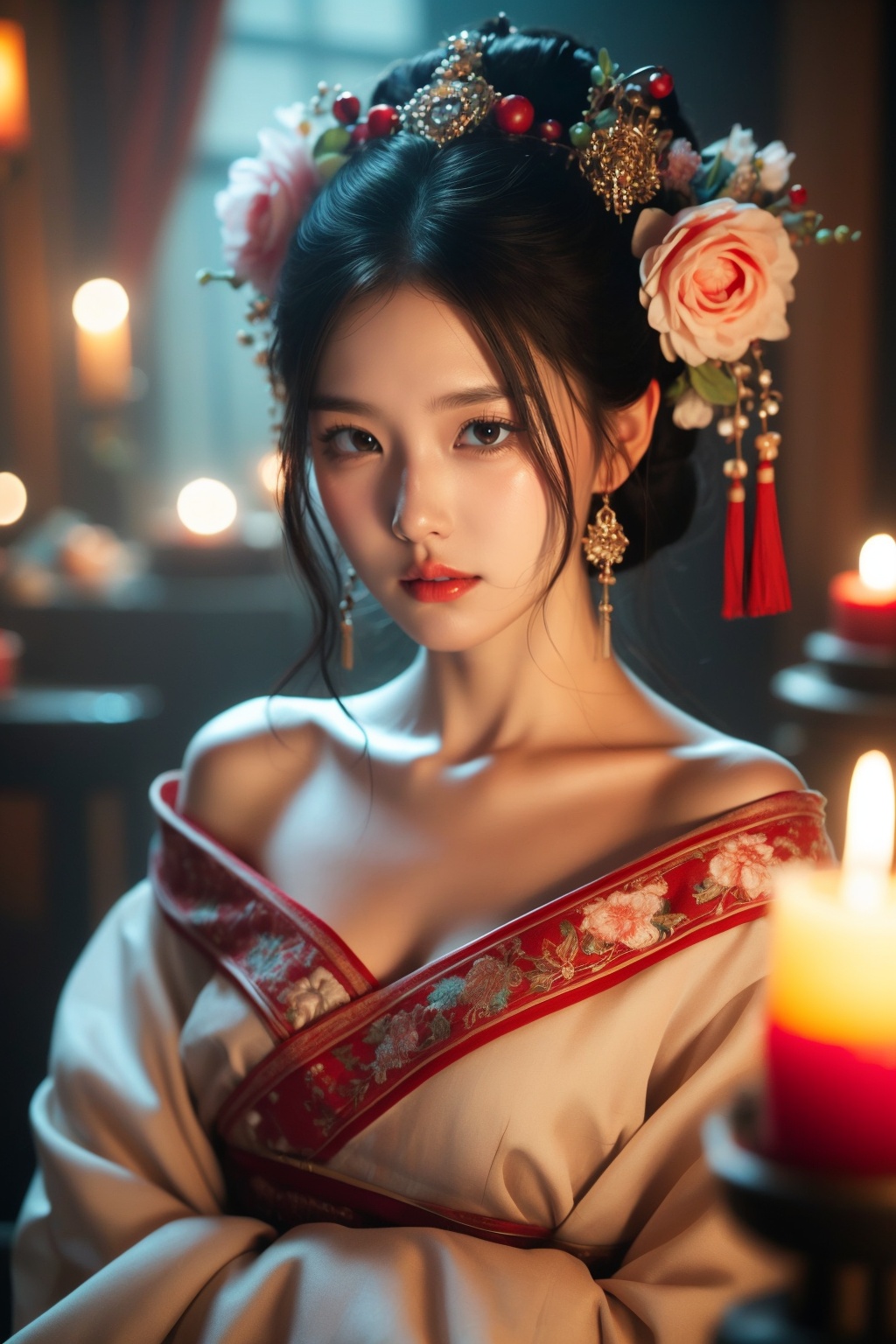 1girl, hair ornament, solo, flower, hair flower, candle, earrings, jewelry, black hair, black eyes, blurry, lips, red lips, looking at viewer, tassel, depth of field, makeup, realistic,(red_clothes:1.3),chinese clothes, floral print, upper body, medium breasts, off-the-shoulder<lora:kim_嫣月楼_v1:0.85>