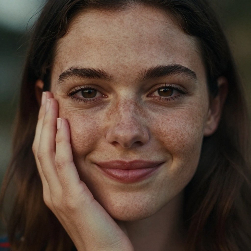 cinematic film still of Sharp detailed high quality image of a woman with freckles on her face and a hand on her cheek,  d...