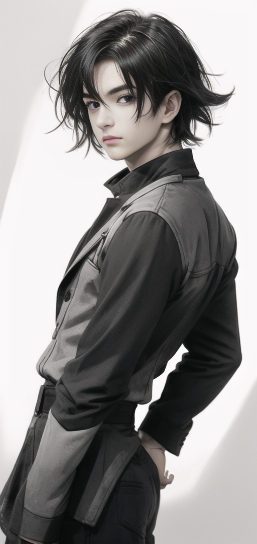 1 boy,solo,short hair,looking at viewer,android 18,black hair,