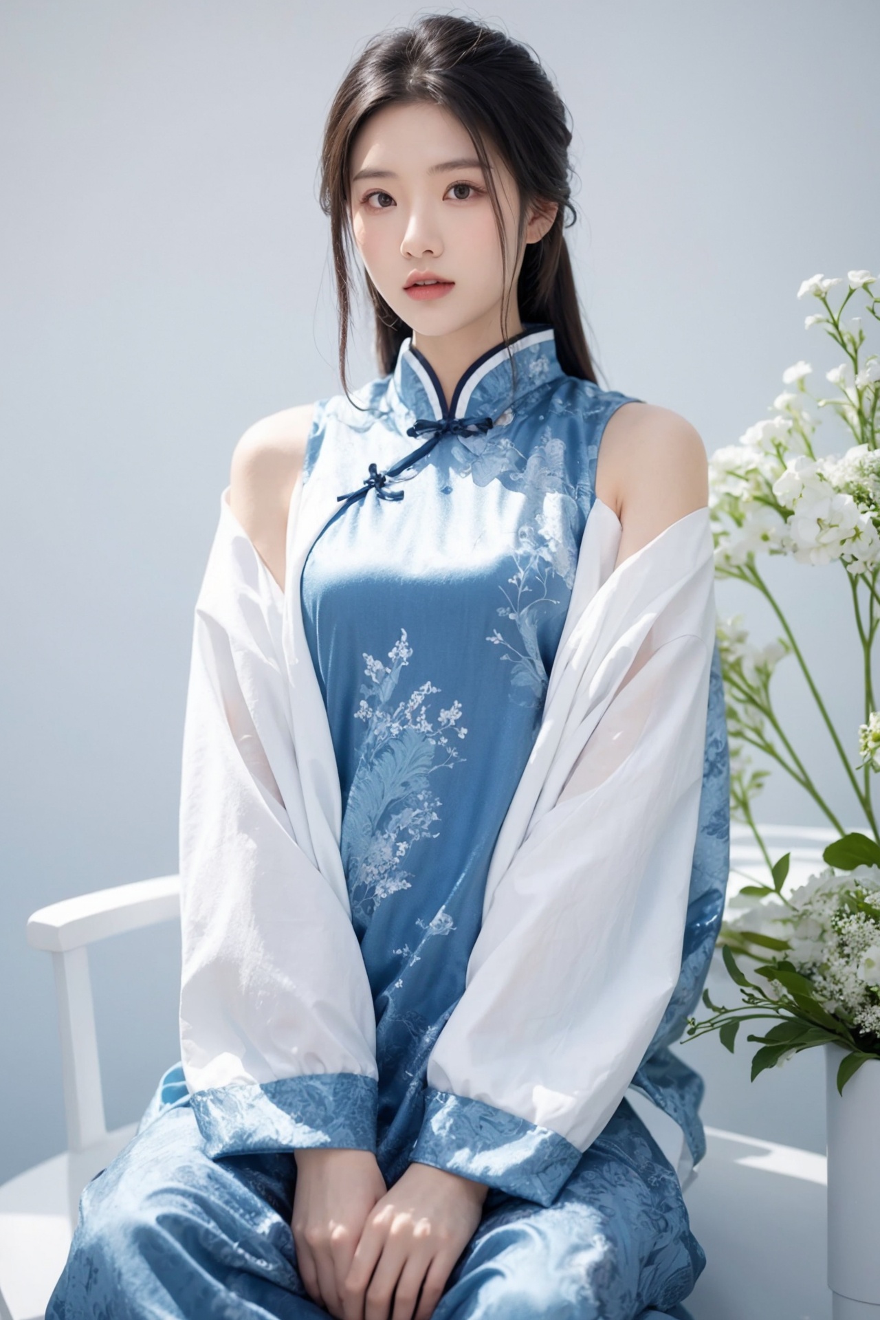1girl,Chinese,white and blue theme,