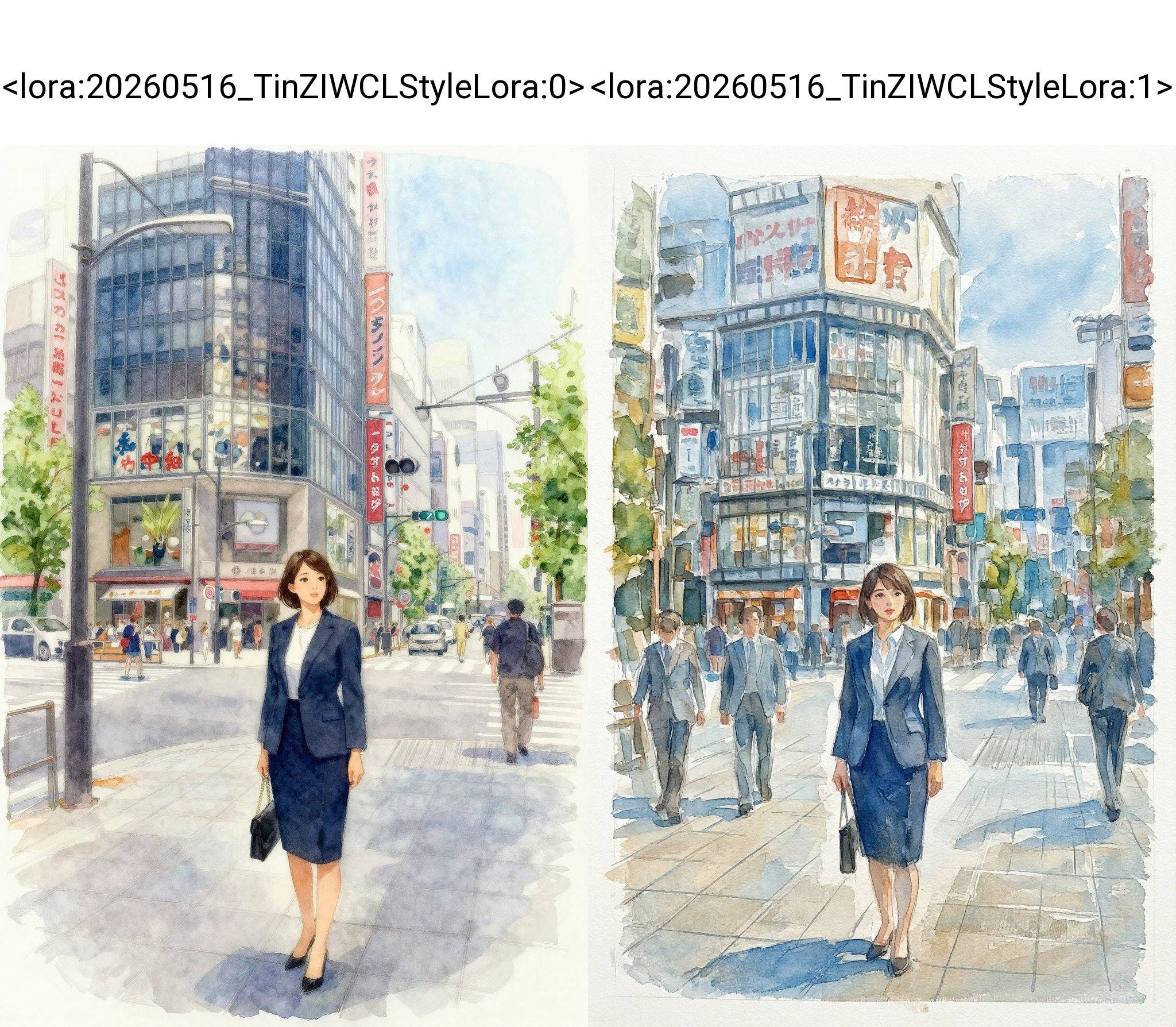 This watercolor painting style depicts the buildings have large windows and signs in Japanese characters,  suggesting a lo...