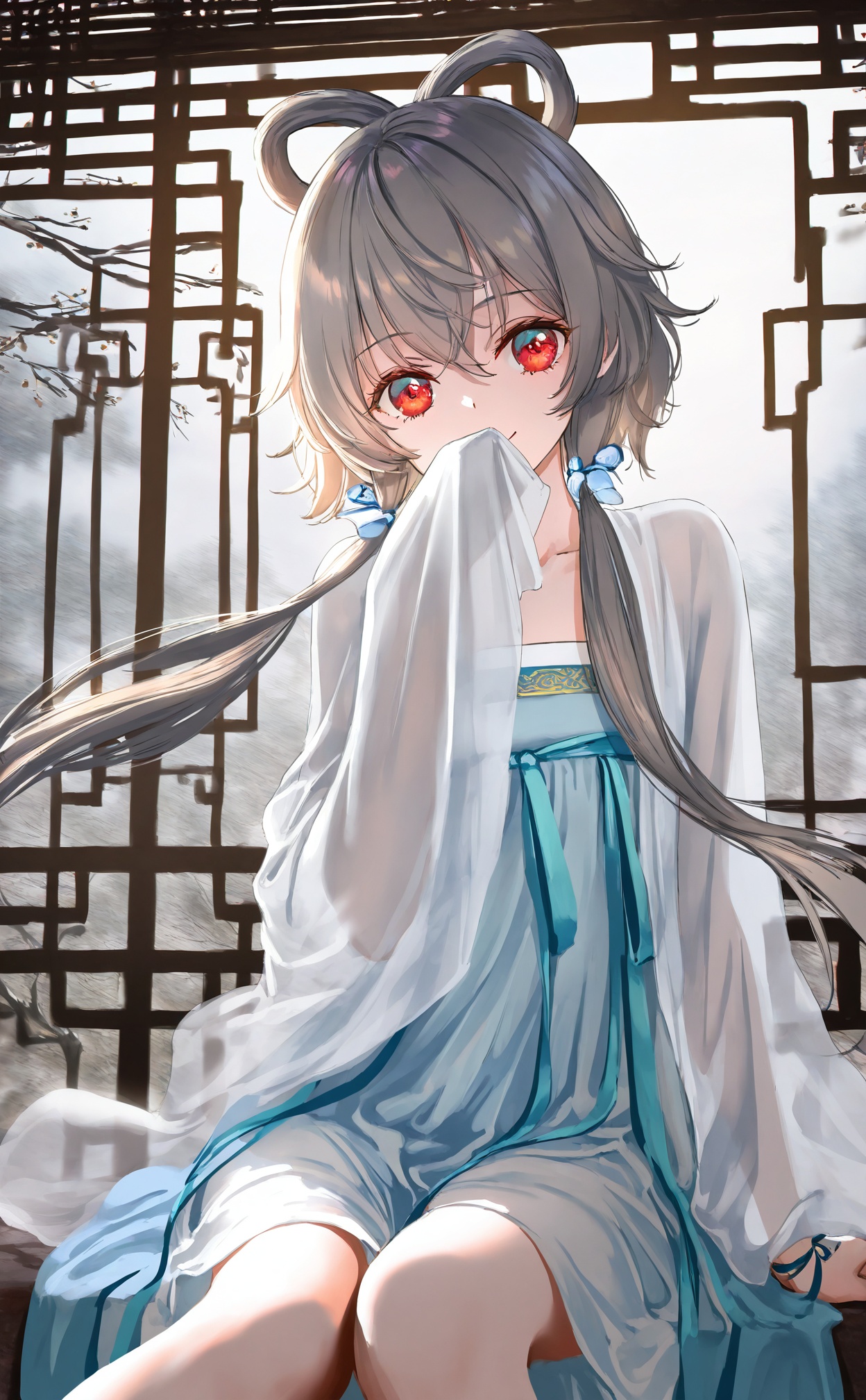 masterpiece,best quality,high quality,loli,chromatic_aberration,Light Blue Theme,//,1girl,luo_tianyi,solo,close-up,light_smile,chinese clothes,Light blue,hanfu,see-through white shawl,collarbone,sleeves past fingers,wide sleeves,tassel,wrist ribbon,qinghua,porcelain,covering mouth,hand up,arm at side,head tilt,tree branch,{full moon,moonlight},lattice,smile,looking at viewer,white Theme,sitting in window,leaning back,blurry background,rays,bloom,//,year_2023,year_2024,{gawako},{atdan},{machi_(machi0910)},{torino_aqua},{izumi_tsubasu},[as109],{ke-ta},{{sho_(sho_lwlw)}},{rhasta},{tidsean},{chiaroscuro},{wlop},[toosaka_asagi],{nixeu},[chen_bin],{jima},year_2025,//,official art,depth of field,detailed light,blurry background,cinematic lighting,ray tracing,amazing quality,very aesthetic,absurdres,beast quality,ultra detailed,god rays,backlighting,photo background,film grain,chromatic aberration,volumetric lighting,depth of field,blurry background,shiny skin,floating hair,cinematic lighting,day,very aesthetic,