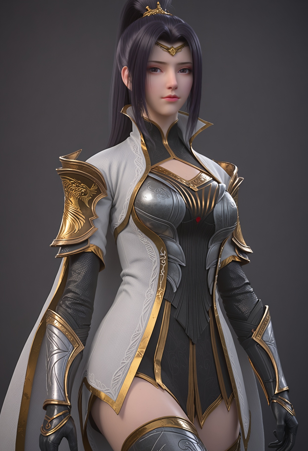perfect_anatomy,score_9,(upper_body:1.1),looking_at_viewer,<lora:YQponyyaoyeV3:0.8>,q1528437228,solo,1girl,long_hair,armor,ponytail,black_hair,thighhighs,gloves,circlet,closed_mouth,brown_hair,high_heels,realistic,brown_eyes,cape,perfect_anatomy BREAK perfect_anatomy,simple background,black background,(shiny_skin),(Ivory_skin:1.1),(cinematic lighting),