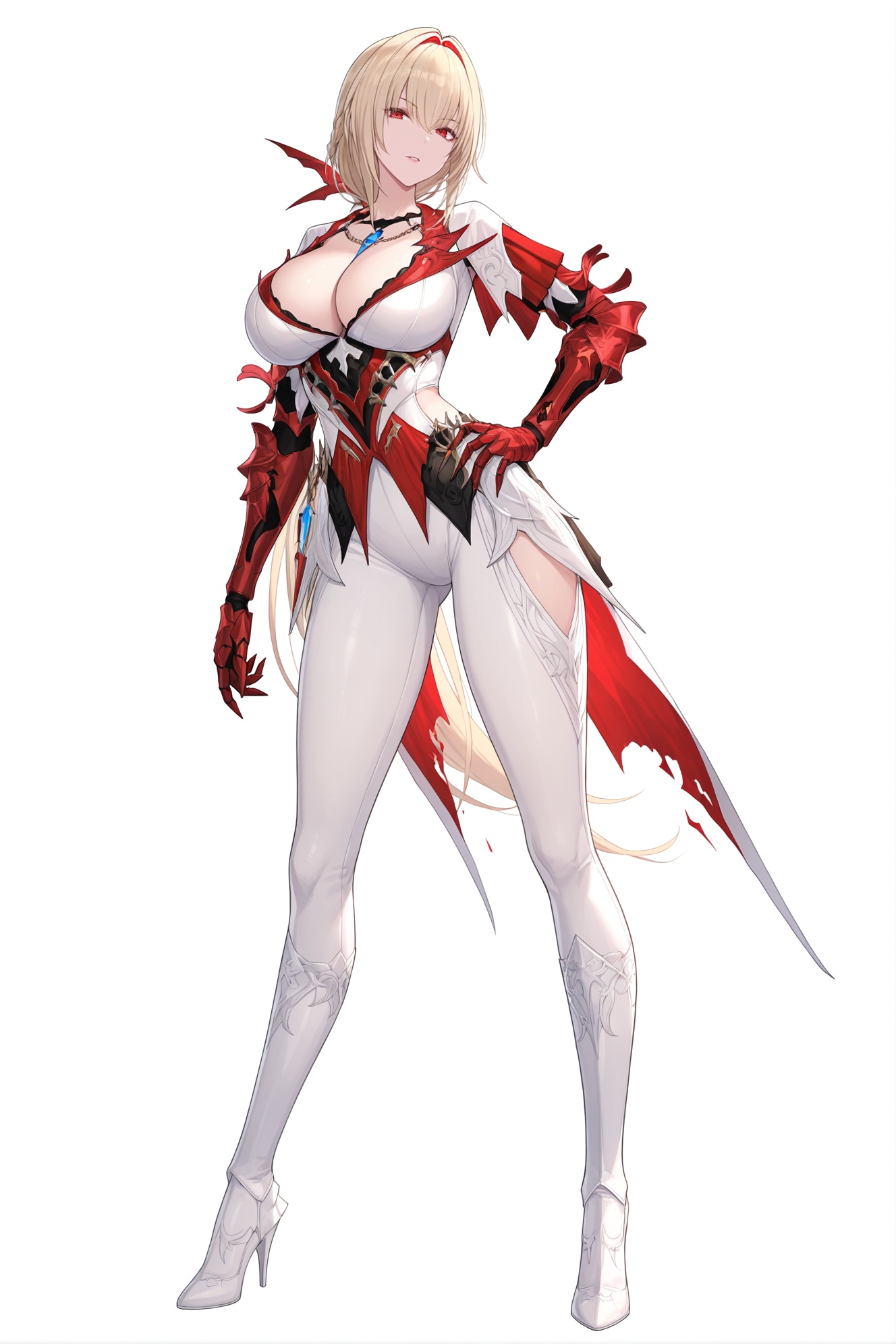 best quality,masterpiece,(ultra-detailed),(high detailed skin),full body,looking at viewer,(solo:1.2),simple background,(white background:1.2),hand on own hip,(white background:1.1),solo,<lora:Bianca-ill-Tanger-000014:0.8>,Bianca,clothes: chihong fantasy battle suit,red armored sleeves,clawed gloves,multicolored hair,1girl,breasts,red eyes,blonde hair,cleavage,long hair,gauntlets,armor,high heels,ponytail,