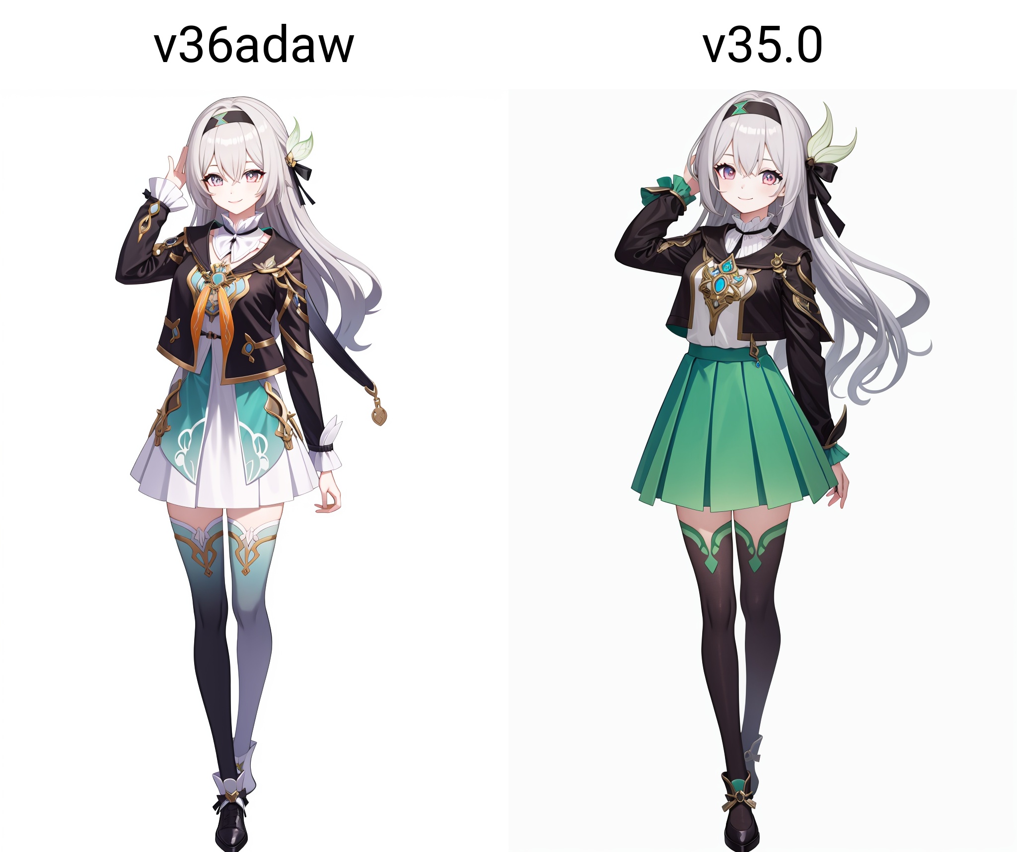 1girl,smile,<lora:流萤v36adaw:0.95:lbw=char>,liuying,grey hair,bangs,long sleeves,hair ornament,black jacket,black hairband,high quality,green dress,thighhighs,skirt,full body,, (masterpiece,best quality:1.2),absurdres, high quality,