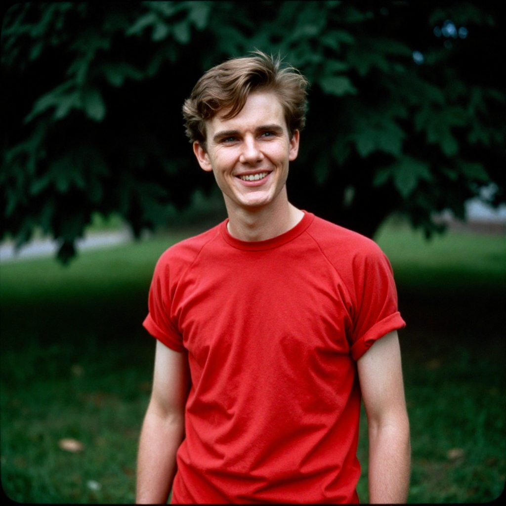 analog film photo of vintage cinematic style,  cinematic technicolor style a young man standing in a yard with a smile,  p...