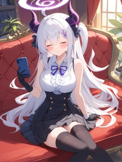 hina (blue archive),1girl,thighhighs,gloves,horns,long hair,black gloves,sleeveless,one eye closed,skirt,sitting,shirt,phone,sleeveless shirt,black skirt,ahoge,solo,breasts,hair ornament,white shirt,blush,halo,looking at viewer,very long hair,white hair,purple eyes,side slit,coat removed,hairclip,bare shoulders,cellphone,bangs,black thighhighs,parted bangs,bare arms,thighs,closed mouth,collared shirt,demon horns,pillow,couch,smartphone,cup,coffee,pencil skirt,medium breasts,knees together feet apart,arm support,miniskirt,indoors,hand up,feet out of frame,frills,multiple horns,