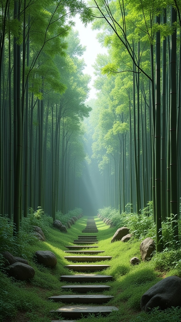 grassy area with steps leading to a grassy area in the middle of a forest,overgrowth. by makoto shinkai,pine forest,Kaii Higashiyama,misty japanese bamboo forest,trees. matte painting,symmetric matte painting,photorealistic matte painting,very beautiful matte painting,cosmology of kyoto landscape,zen temple background,lush japanese landscape,japan lush forest,landscape architecture photo,3d rendered matte painting,an indigo forest in japan,ghibli. octane render,a green gold forest in japan,3 ds max + vray,intricate matte painting,with matsu pine trees,soft focus matte painting,insanely detailed matte painting,matte painting v ray,beautiful matte painting,ultrarealistic matte painting,Zhang Kechun,in matte painting,organic matte painting,japanese inspiration,john pawson,3 d render and matte painting,liminal spaces and environments,