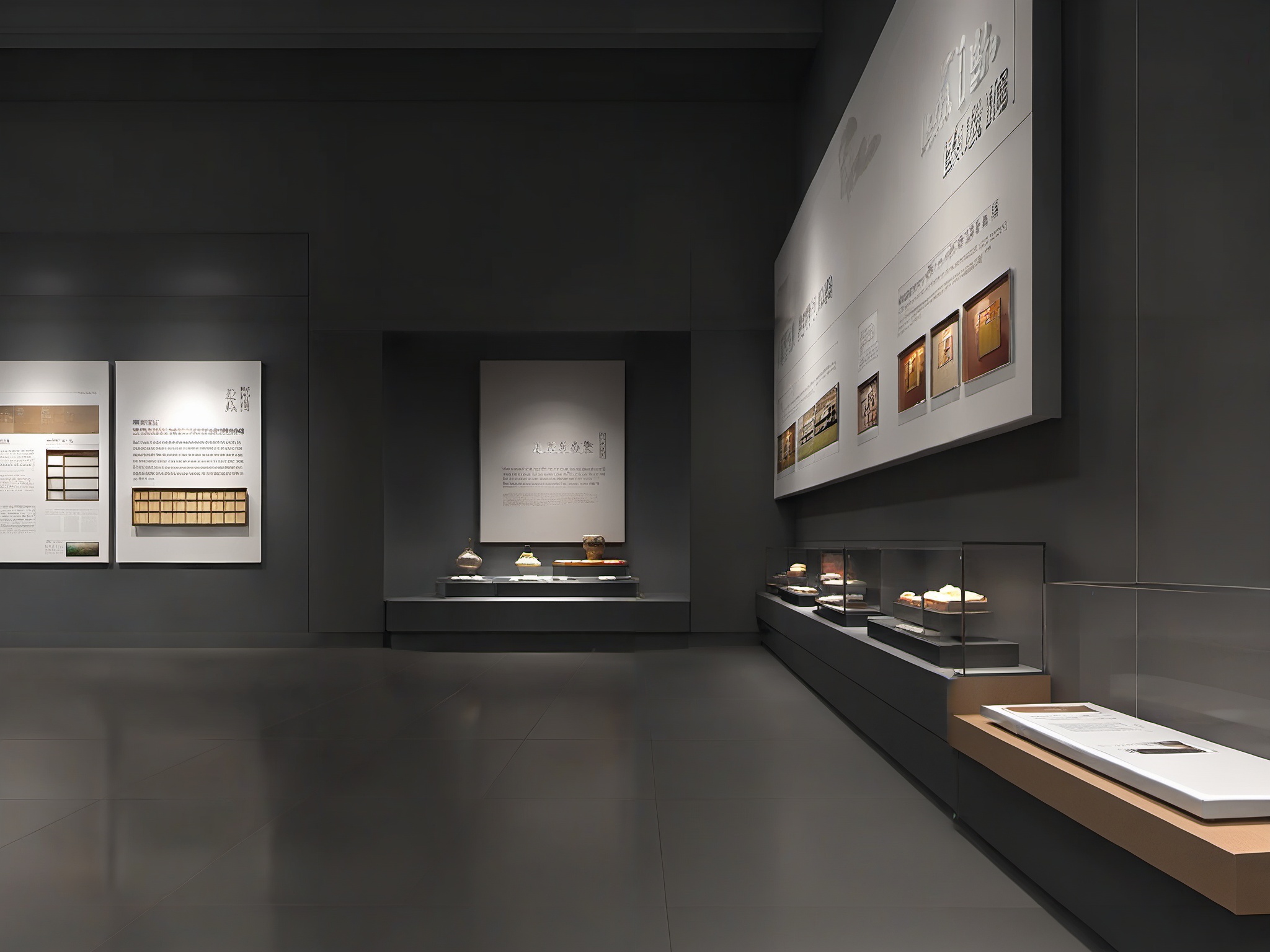 BOWUGUANkongjian,Dark walls,grey floors,square panels,dark Spaces,window booths,square booths,masterpiece,High quality,4K,professional lighting,VRAY rendering,