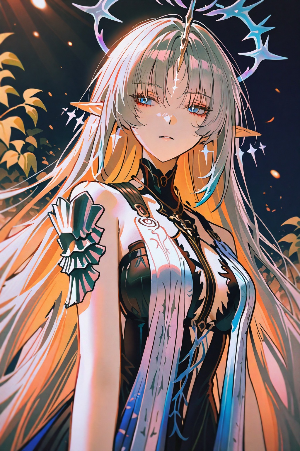 Fleurdelis,1girl,solo,halo,long hair,pointy ears,light earrings,blue eyes,very long hair,grey hair,tattoo,