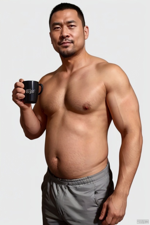1man, middle-aged man, 1boy, male focus, solo, navel, cup, topless male, nipples, holding cup, facial hair, holding, white background, realistic, short hair, belly, simple background, mug, pants,A belly without abdominal muscles, a perfect chest,No abdominal muscles<lora:EMS-366985-EMS:0.700000>