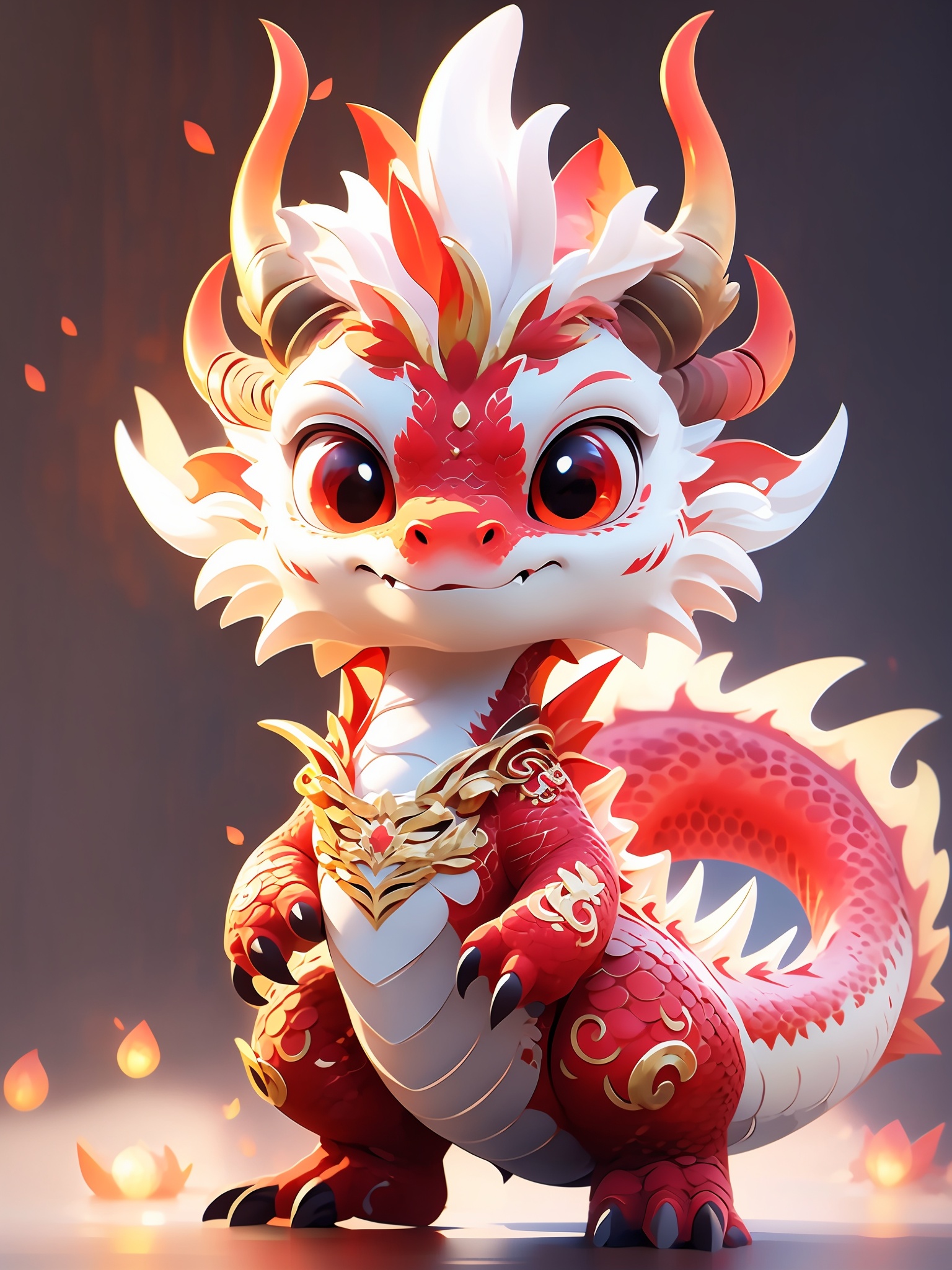 HTTP, horns, chibi,red eyes, solo, tail, smile, claws, looking at viewer, dragon, dragon tail, full body, closed mouth, jewelry, dragon horns,Bright, Warm Light<lora:HTTP_20231214213332:1>