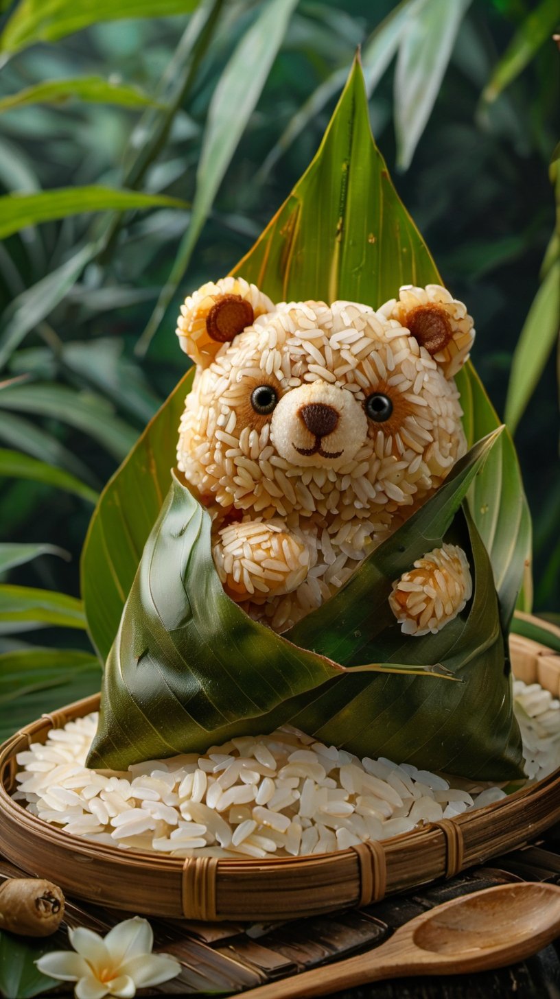 <lora:端午节——创意粽子_V1.0:0.8>,highly detailed,ultra-high resolutions,32K UHD,best quality,masterpiece,tao,chi,the painting is a vibrant and detailed representation of a bear made from rice. the artistic style is realistic,with attention to detail in the fur,eyes,and facial features. the theme revolves around nature and the harmony between animals and their environment. the composition is balanced,with the bear positioned centrally and surrounded by natural elements like leaves and a wooden spoon.,