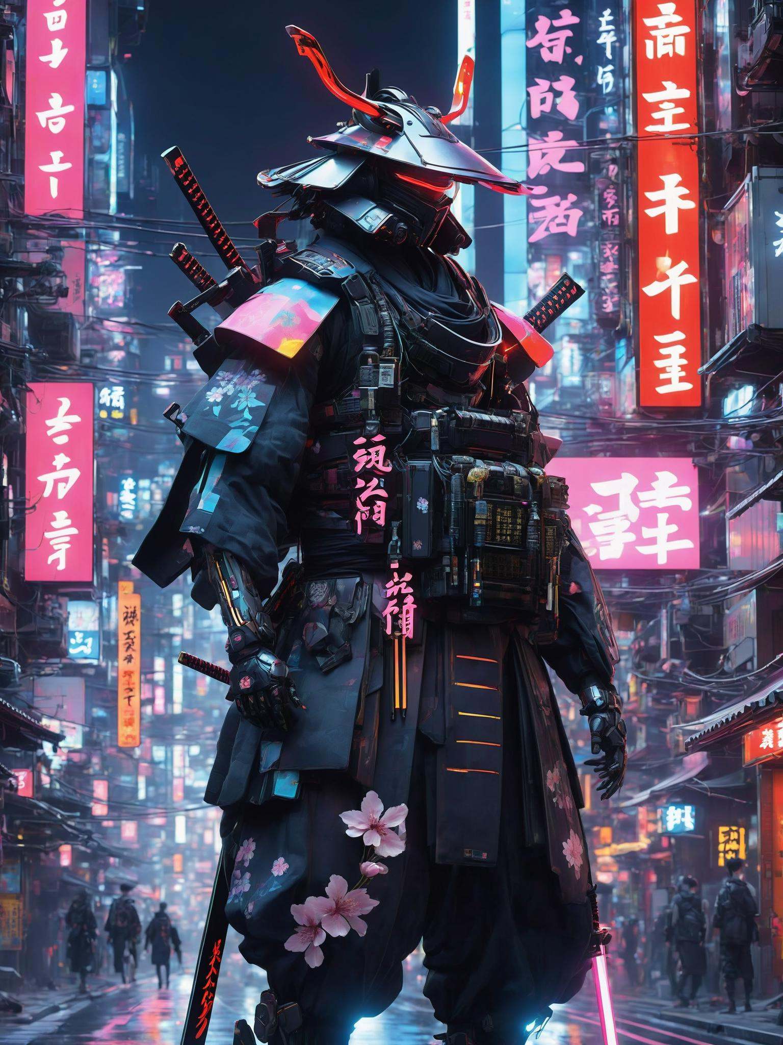 In a futuristic cyberpunk world blending traditional Japanese aesthetics with advanced technology,  a lone cyborg samurai...