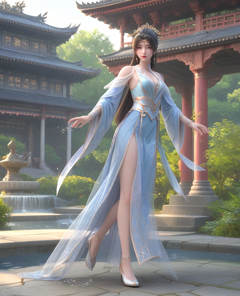 (oriental architecture, elegant decor, sophisticated style:1.1),(splashing water in the fountain:1.1),(breasts:1.2),<lora:XL16神墓雨馨:0.95>,miss yuxin,white blue tiered dress,blue eyes,black hair,traditional chinese updo with long cascading hair,hair ornament,jewelry,earrings,sash,shoes,, score_9,score_8_up,score_7_up,score_6_up,score_5_up,score_4_up,3d rendering,tag1,tag2, Cinematic Lighting,backlighting,