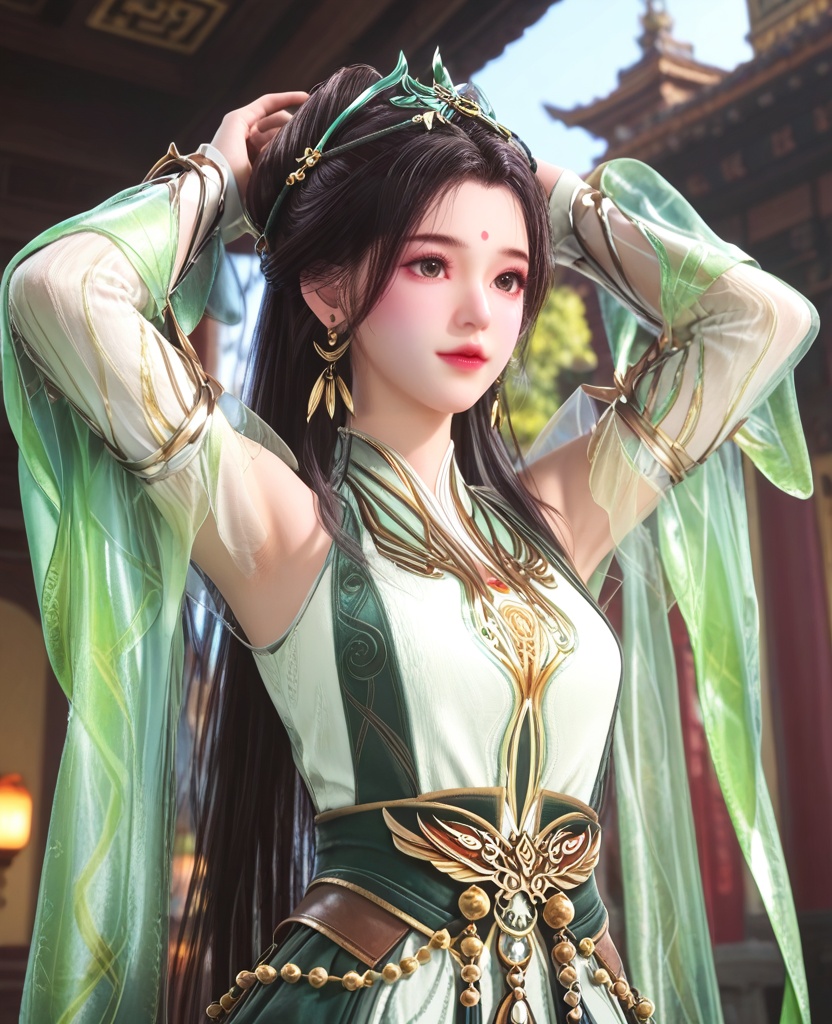 (oriental architecture, elegant decor, sophisticated style:1.1),(hands above her head:1.1),(breasts:1.2),<lora:XL师兄啊龙吉公主:0.95>,princess longji,dress,forehead mark,black hair,hair bun,hair ornament,long hair,earrings,jewelry,black sash,see-through sleeves,detached sleeves,tassel,, score_9,score_8_up,score_7_up,score_6_up,score_5_up,score_4_up,3d rendering,tag1,tag2, Cinematic Lighting,backlighting,