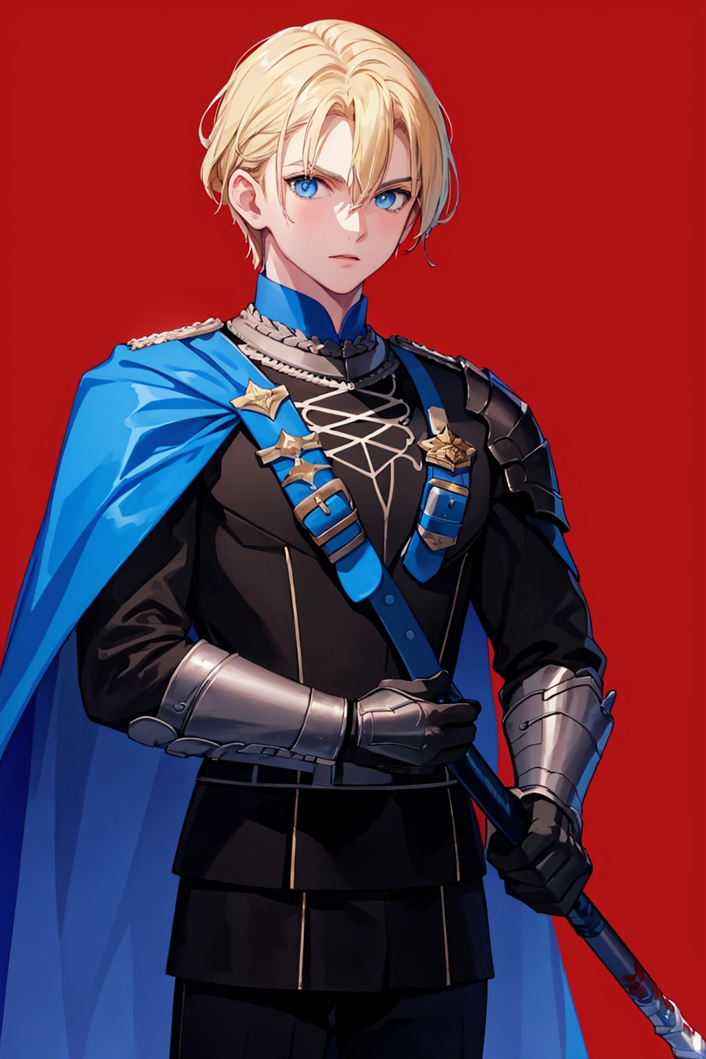 masterpiece,best quality, highly detailed, dimitri alexandre blaiddyd,1boy, male focus, solo, armor, red background, gauntlets, blue cape, garreg mach monastery uniform, simple background, holding weapon, blood on face, sword, spear, upper body, looking at viewer,<lora:dimitri_alexandre_blaiddyd:1>