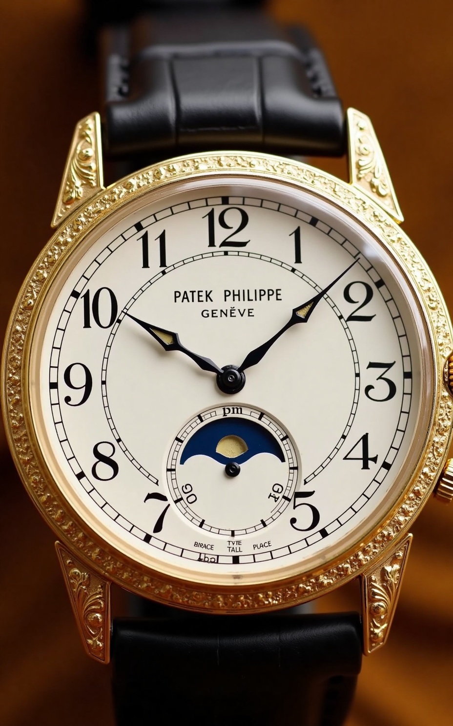 Watch, A close-up photograph of a vintage-style gold wristwatch with an ornate, intricate design. The watch face features black Roman numerals, a white background, and a detailed moon phase display at 6 o'clock. The hands are black, and the brand "Patek Philippe Genève" is engraved. The background is a soft, blurred brown gradient. 