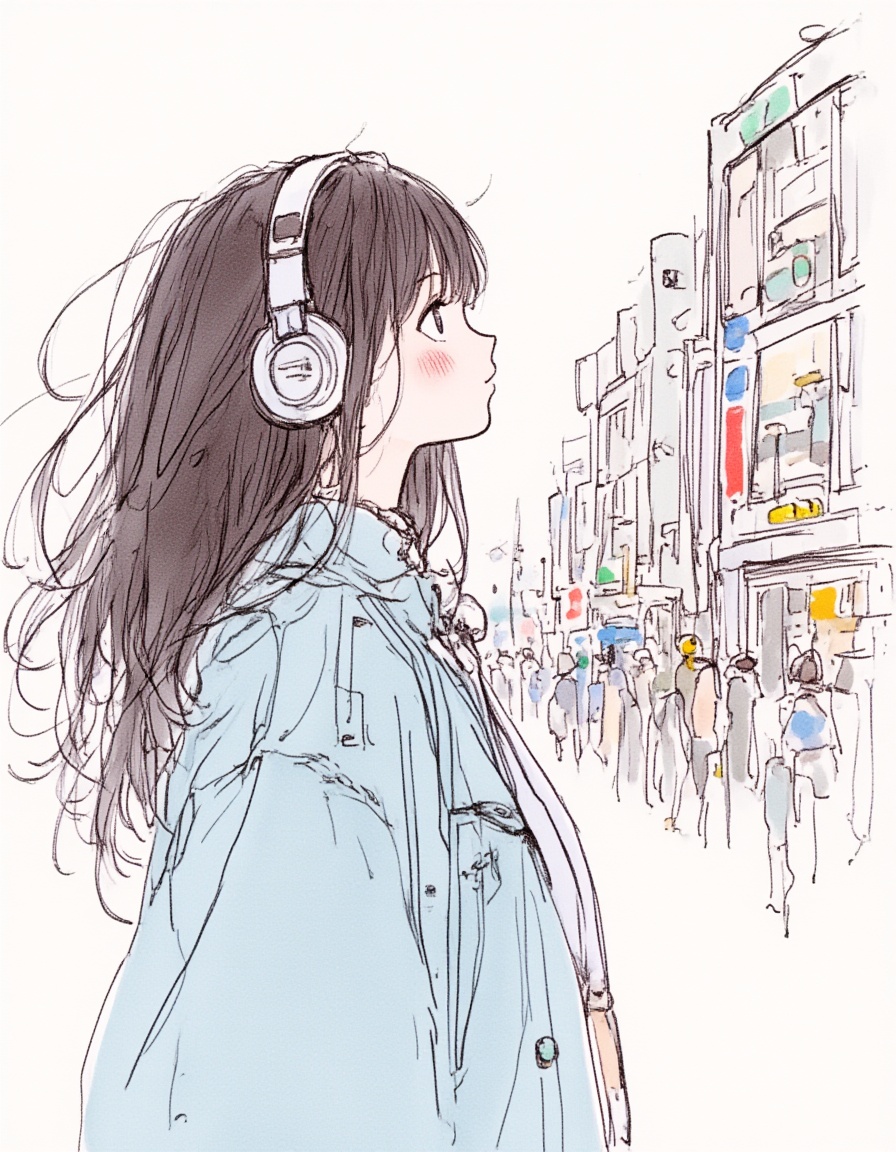 neomj,illustration,in shibuya,white line scribble anime girl,translucent colored silhouette crowds,headphone,<lora:neomj故事感线条水彩风10:1>,