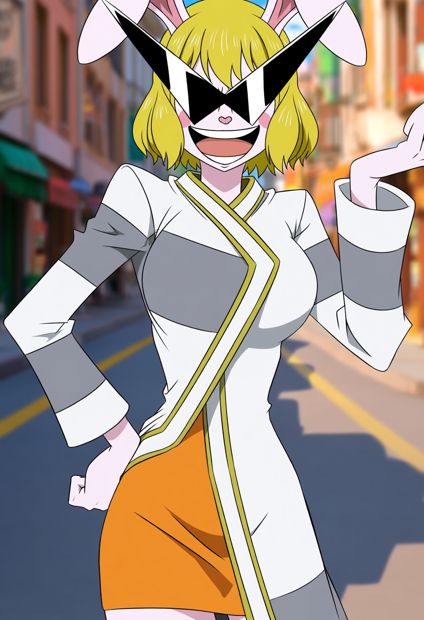 @masaka-masaka. Carrot from One Piece,  a tall energetic young woman with a lean athletic build,  short fluffy bright yell...