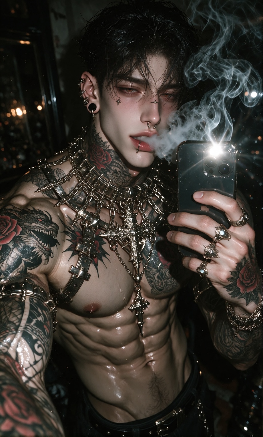 A shirtless man with dark,  slicked-back hair and multiple facial piercings—including a septum ring,  eyebrow piercing on...