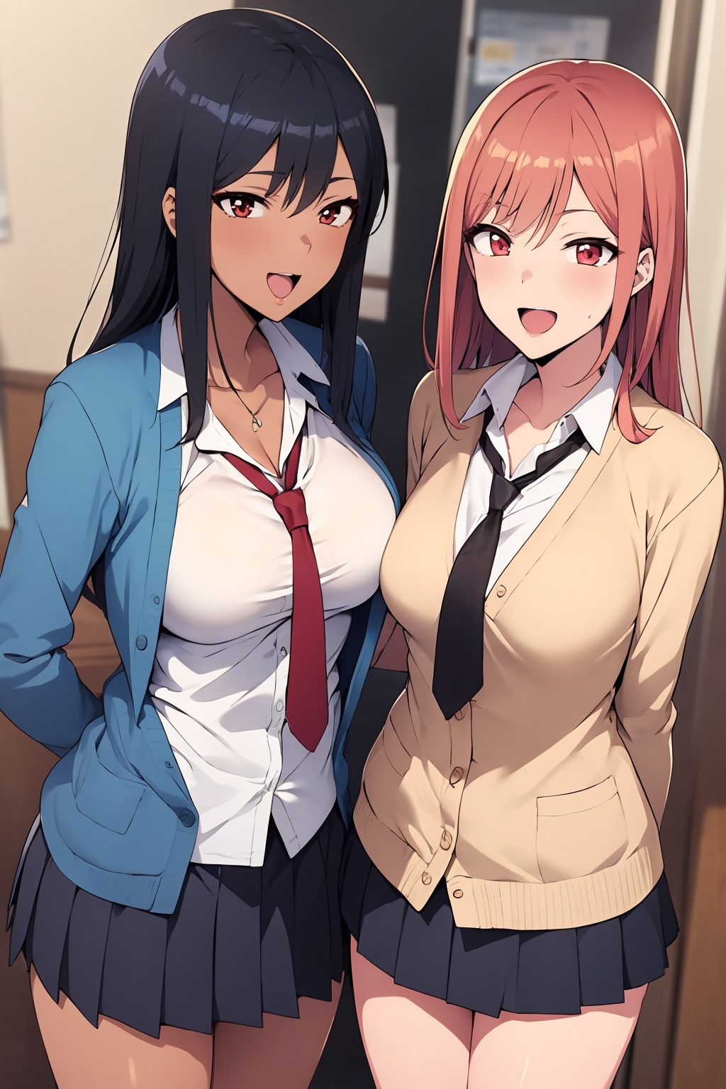 anime image of two women in business attire standing next to each other,  breasts,  smile on Tensor.Art