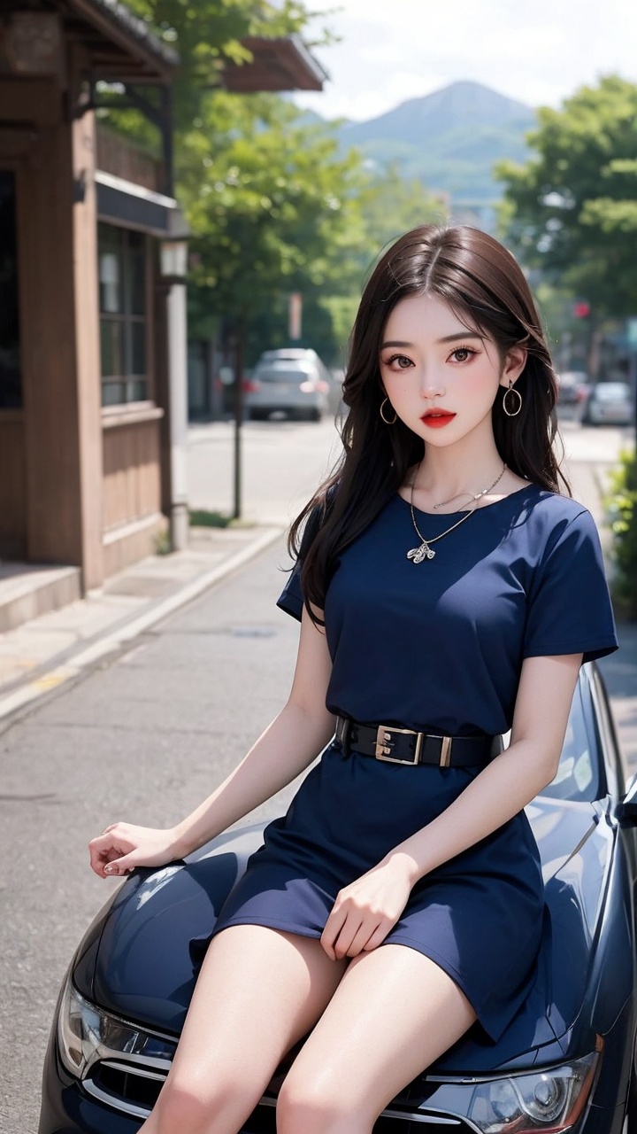 1girl,jewelry,solo,long hair,necklace,belt,motor vehicle,sitting,dress,looking at viewer,ground vehicle,red lips,black hair,blue dress,car,lipstick,outdoors,short sleeves,brown eyes,parted lips,makeup,mountain,earrings,lips,brown hair,blurry,