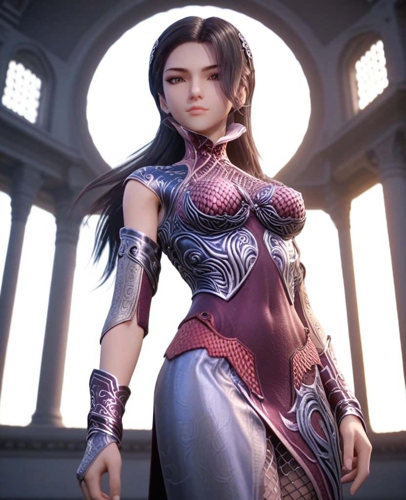 (oriental architecture, elegant decor, sophisticated style:1.1),(Bending down to tie shoelaces, with a pet beside, capturing a sweet everyday moment,:1.1),(breasts:1.2),<lora:XL16秦时明月惊鲵:0.95>,miss jingni,corset dress with purple topwear and silver skirt,brown eyes,black hair,long hair,detached sleeves,barrettes,black leather left shoulder cut and mesh fabric on right shoulder,side slit,fishnet pantyhose,, score_9,score_8_up,score_7_up,score_6_up,score_5_up,score_4_up,3d rendering,tag1,tag2, Cinematic Lighting,backlighting,