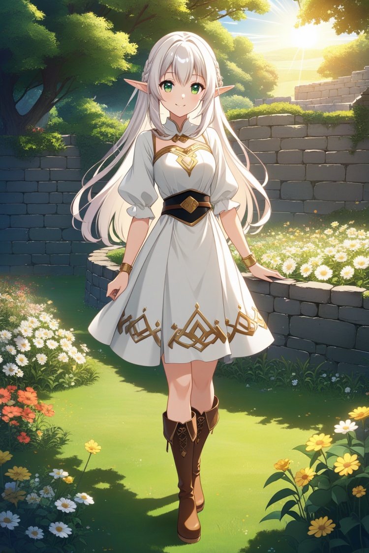 A cute elf girl with long white hair and green eyes wearing an off-white dress, brown boots, and gold trimmings on her , is smiling softly standing in the garden of her home.  In an anime style with a cute art style.  She has pointy ears and wears golden accessories around her neck, waistband and chest piece.  In the background there is a grass field, flowers, stone walls, and the sun is shining.  The word "HirzPLATFORM" is written at the top left corner of the picture.  It is high resolution and high quality.