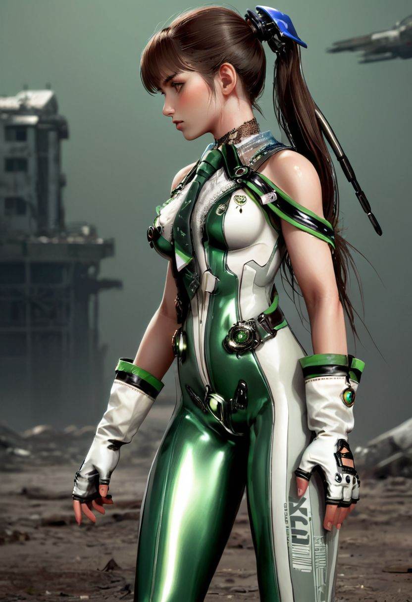 post apocalyptic landscape, attractive tall woman,(eve, brown hair, white fingerless gloves, brown eyes, green bodysuit, shiny):1(best quality,masterpiece,photo-realistic):1.0,, (hyperdetailed,finely detailed,intricate detail):1.0,, from side,grey background, astrophotography, 4k <lora:eve_xl_v1.0:.7>