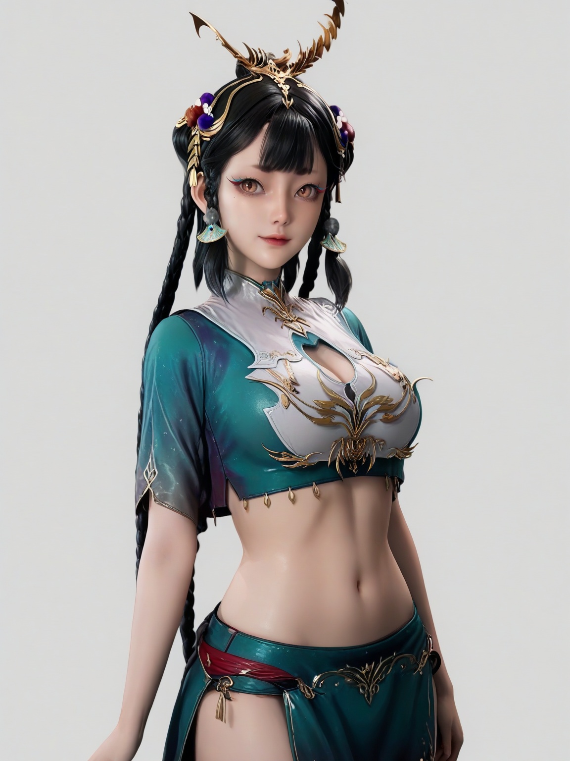 score_9,<lora:SF_XianQingEr_Pony_Realism2.3-000004:0.7>,1girl,solo,hair ornament,large breasts,black hair,bangs,braid,crop top,standing,looking at viewer,white background,simple background,