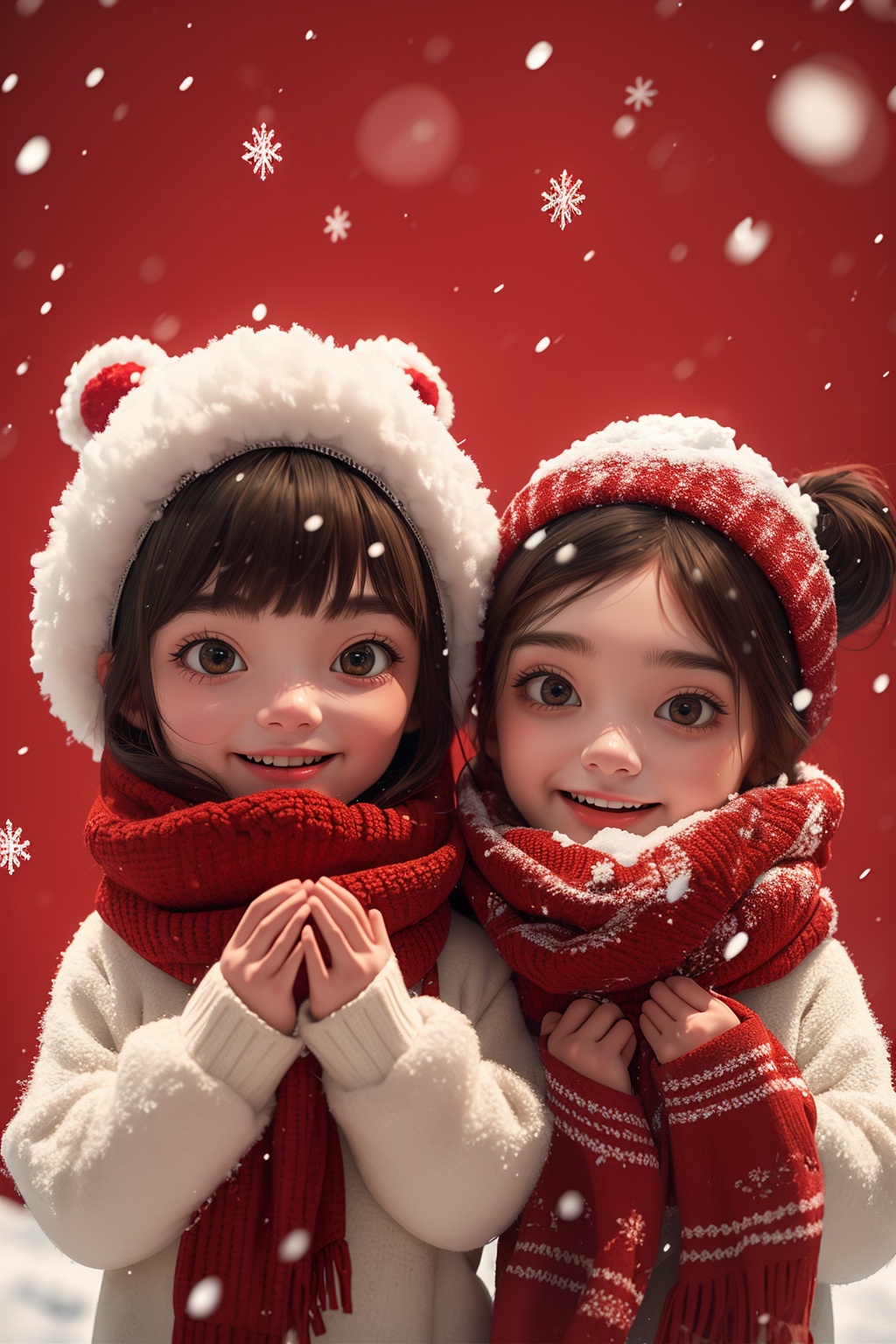 2girls,scarf,red_background,upper body,snow,<lora:麻袋2024-015:0.7>,, masterpiece,best quality,ultra-detailed,