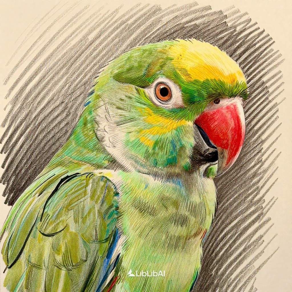 Close-up pencil sketch of a parrot's head,  capturing its lively and alert expression with striking detail. The subject fe...
