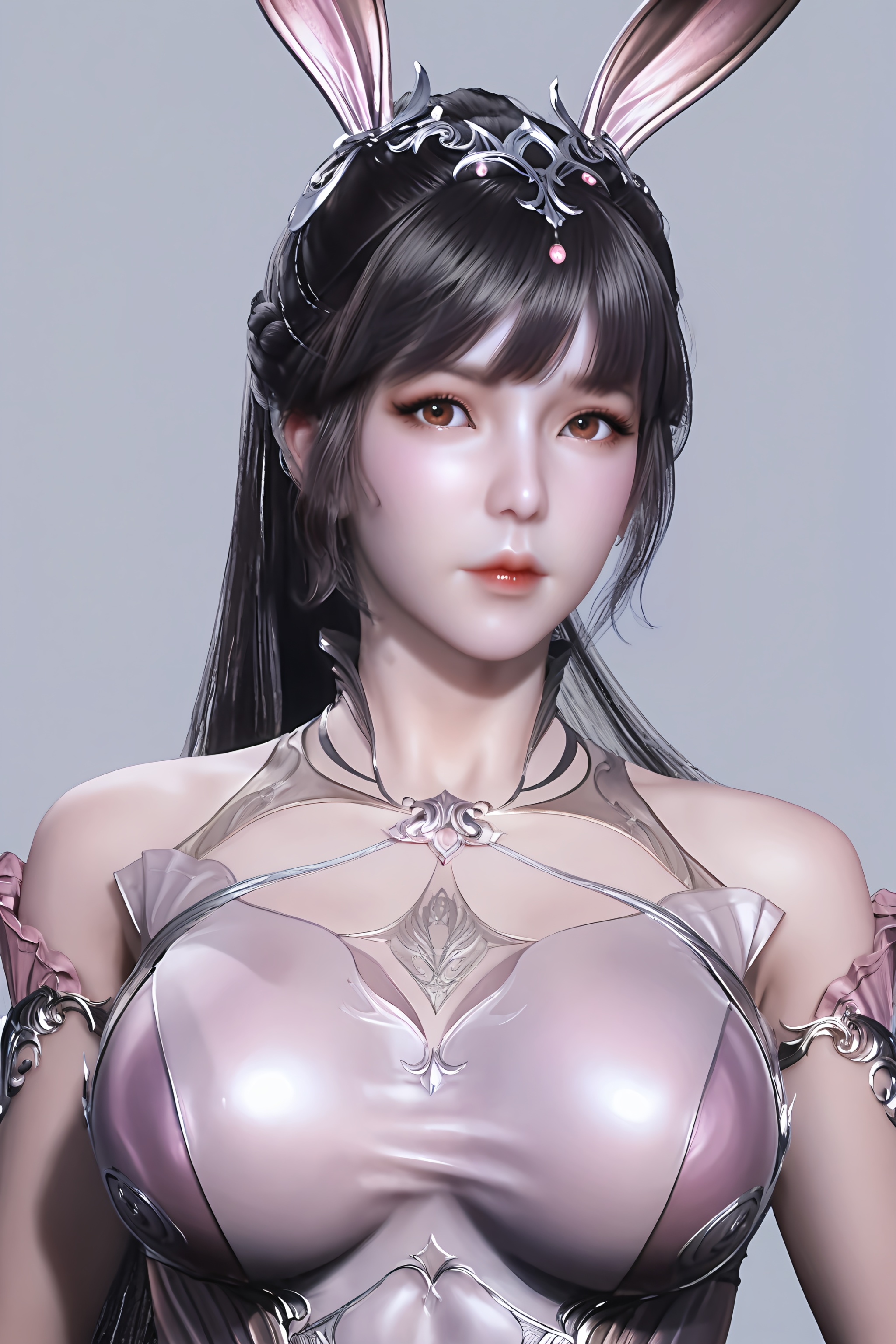 score_9,score_8_up,score_7_up,8k,hd,<lora:小舞-ppp:0.86>,xiaowu,1girl,solo,bunny ears,hair ornament,long hair,ponytail,brown eyes,black hair,dress,pink dress,looking at viewer,front view,<lora:SkinRealityOrg_ponyv6_loraplus:0.25>,real skin,<lora:皮肤凹痕:1.2>,female,(mature_female),mature,collarbone,large breasts,curvy,glamor,puffy breasts,pointy_breasts,<lora:e色温:0.5>,(fair_skin),(white_skin),<lora:e肤色滑块:0.5>,body blush,simple background,grey background,