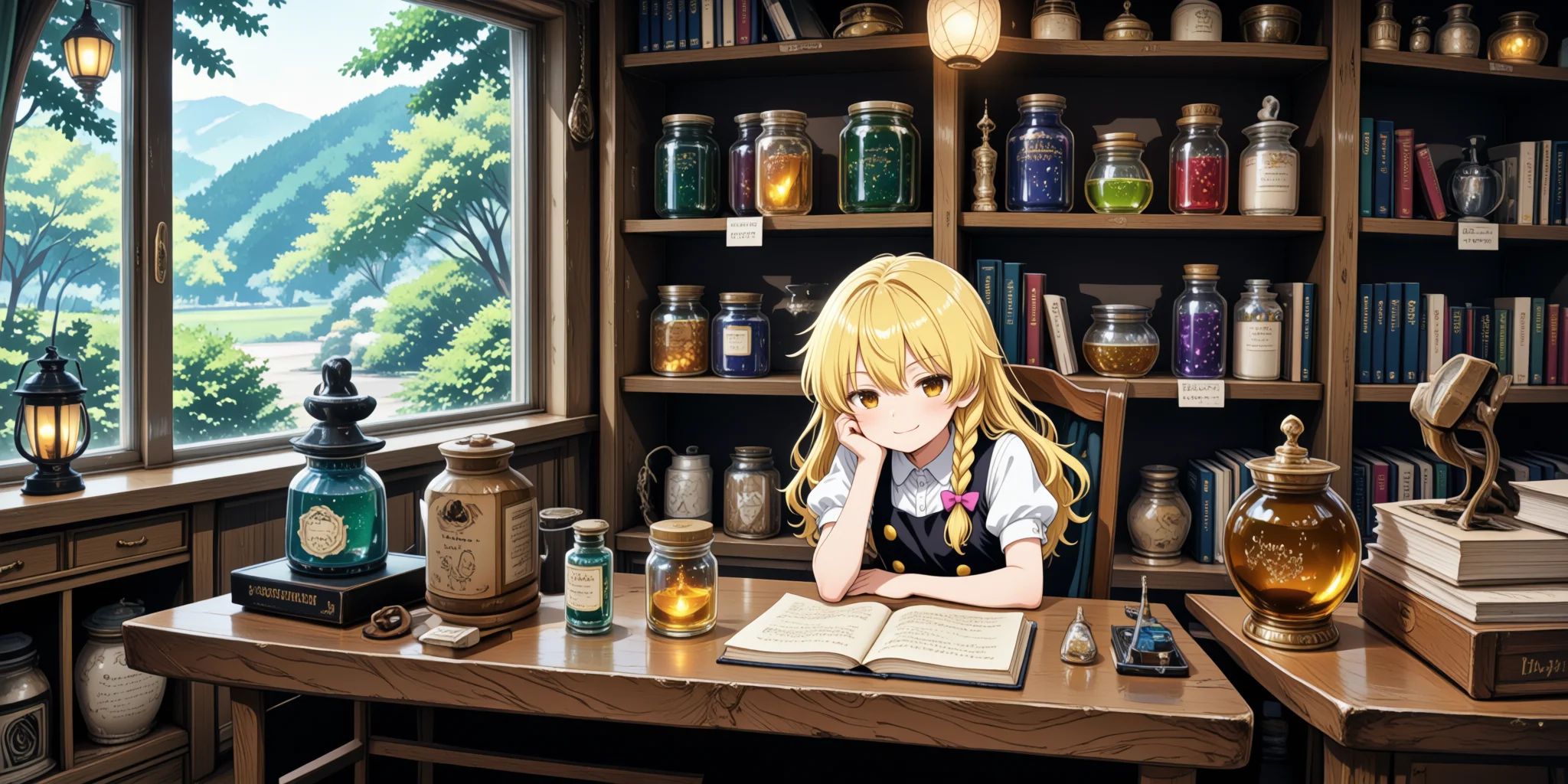 A girl is sitting inside a magic shop filled with mysterious jars,  scrolls,  and potions.1girl on Tensor.Art