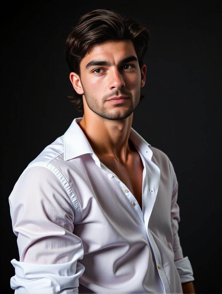 Ferran Torres ,  Photorealistic . sheer white shirt halfâ€‘removed. intricate fabric textures. dramatic studio lighting. u...