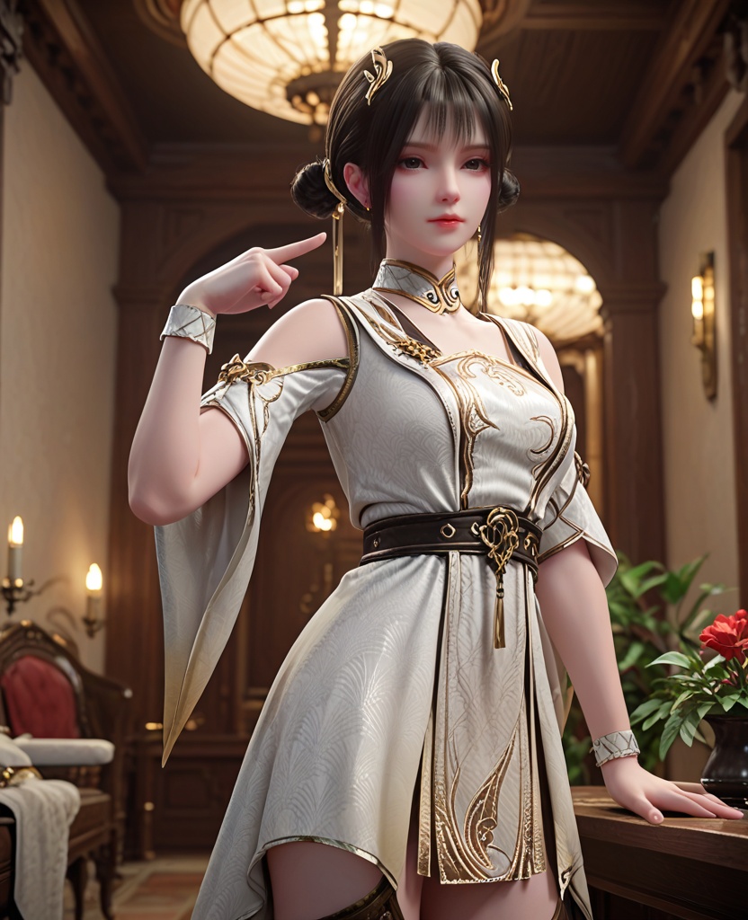(oriental architecture, elegant decor, sophisticated style:1.1),(Standing with one arm raised, pointing in the distance:1.1),looking at viewer,(breasts:1.2),<lora:XL斗破苍穹丹晨:0.9>,miss danchen,brown underdress,white robe,detached collar,belt,shoulder cutout,black eyes,black hair,bangs,sidelocks,hair ornament,double bun,boots,, score_9,score_8_up,score_7_up,score_6_up,score_5_up,score_4_up,3d rendering,tag1,tag2, Cinematic Lighting,backlighting,, zPDXL3, zPDXL2,zPDXL, zPDXLxxx, zPDXLrl,