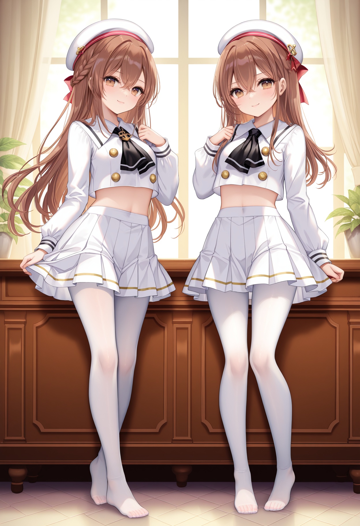 masterpiece, best quality, newest, absurdres, highres,(torino aqua: 0.5),(nibiiro shizuka:0.4),(rimuu:0.5),(mignon:0.5),(sheya:0.4),  ensemble style, chihiro(ensemble), brown eyes,brown hair,  hair ribbon,long hair,,smile,janus(school), white skirt, white shirt, crop top, long sleeves,school uniform, white serafuku, neckerchief, beret,white pantyhose,looking at viewer, full body, no shoes, standing, <lora:chihiroXLNAI:1>,<lora:Janus(Uniform)XLNAI:1>