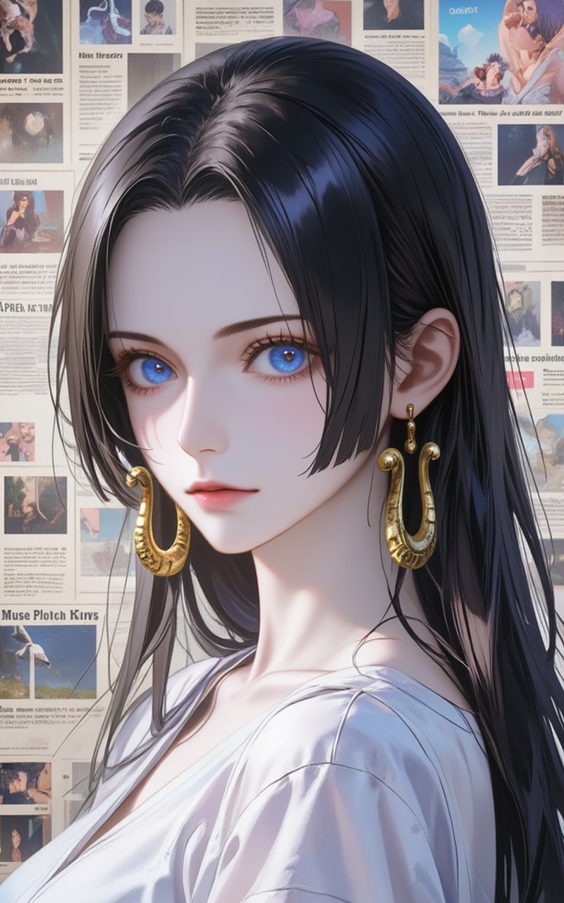 <lora:汉库克·泛化版7:1>,nvdi,1girl,solo,blue eyes,black hair,looking at viewer,long hair,earrings,jewelry,boa hancock,cover,gradient background,close-up details,outstanding style,adding a touch of dimension to your images without compromising details,close-up,<lora:DJ滤镜_2.5D版:0.4>,lvjing,<lora:油画唯美滤镜15:0.2>,baoshi,<lora:报纸背景·5:1>,baozhi,paper,newspaper,the newspaper wall,newspaper background,
