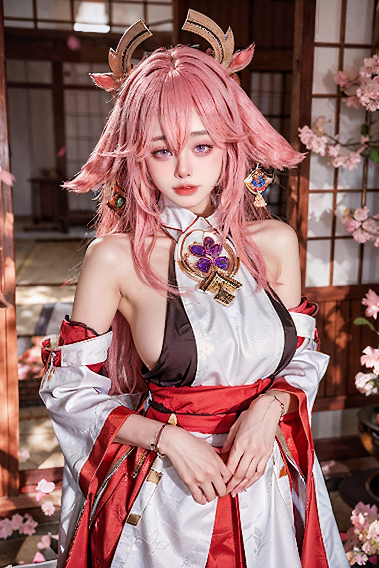 fox ears,bare shoulders,hair ornament,Yaemiko,1girl,yae miko,pink hair,solo,one eye closed,breasts,jewelry,japanese clothes,long hair,purple eyes,looking at viewer,detached sleeves,hair between eyes,parted lips,flower,<lora:Yaemiko:0.7>,<lora:add_detail:0.4>,