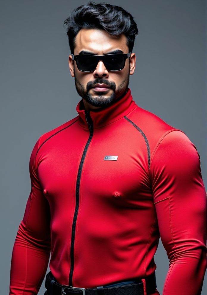 tovino thomas ,  Hi-res photo. He wears futuristic electronic glasses. He is wearing a light red,  close fitting flight su...