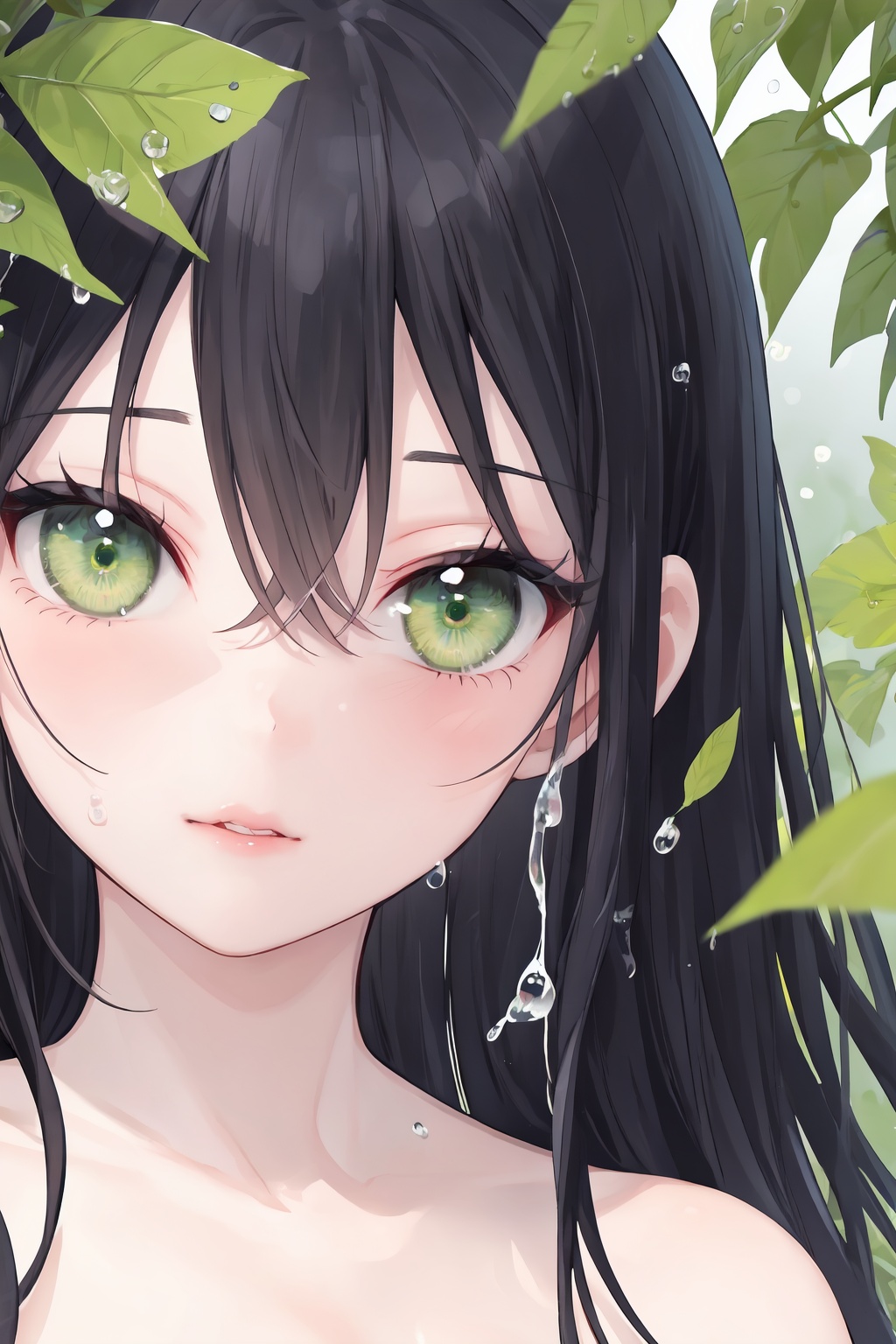 1girl,solo,black hair,green eyes,looking at viewer,parted lips,long hair,leaf,bangs,close-up,water drop,collarbone,hair between eyes,hand up,portrait,bare shoulders,eyelashes,bright eyes,clear eyes,mi-style,