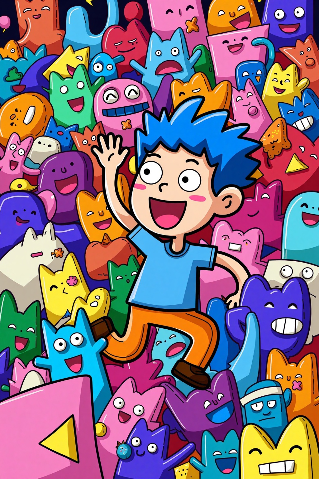 This is a vibrant,digital cartoon illustration featuring a blue-haired man with a big smile,wearing a blue shirt and orange pants,surrounded by a chaotic,colorful crowd of characters. The background is filled with abstract shapes and bright colors,creating a lively,energetic scene,((abstract art)),
