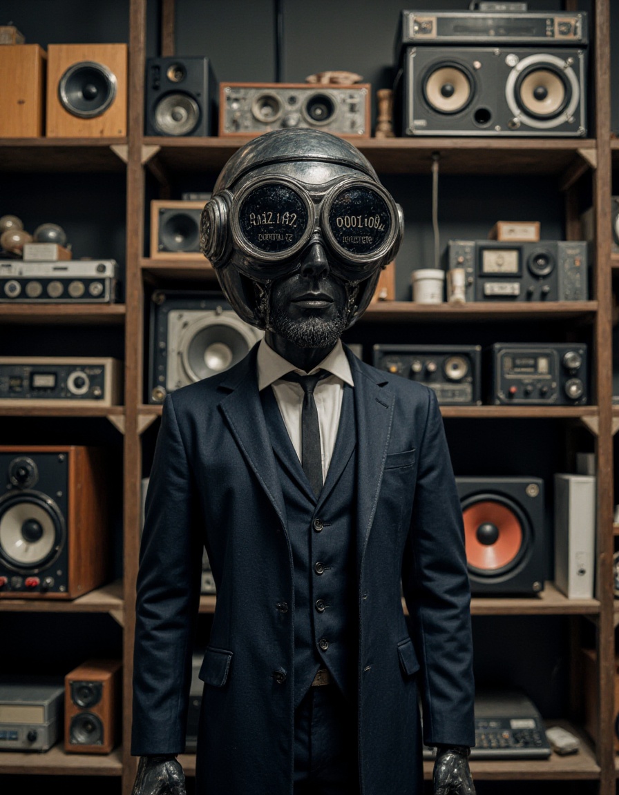 YFG-SpyWorld50s, where the visual elements are fragmented and intertwined, black head and is adorned with goggles that are part of the helmet-like visor. It also wears a dark coat with lapels and what appears to be a tie or ribbon around its neck. The mannequin's pose is neutral with no visible movement.  The background is industrial, which appears to have multiple layers of binary digits surrounding it. Overlaid on this central circle are several runic symbols, open shelving unit filled with various objects. The objects include vintage and modern electronics such as speakers, indicating it may be nighttime or that there's a large amount of artificial lighting that gives the scene a nocturnal feel. There are no visible texts on the image., with attention to detail in the robot's design and the background's gritty aesthetic., with a large metallic tube that houses the lens, with some areas having a more vivid hue while others appear to be more subdued. There's a stark contrast between the darker background and the lighter elements, and stubble.  The robot is dressed in a formal suit