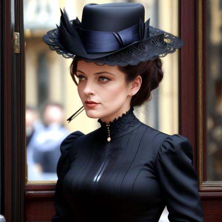 masterpiece,  uhd,  sharp color photo of a beautiful woman wearing a high-neck layered black dress on Tensor.Art