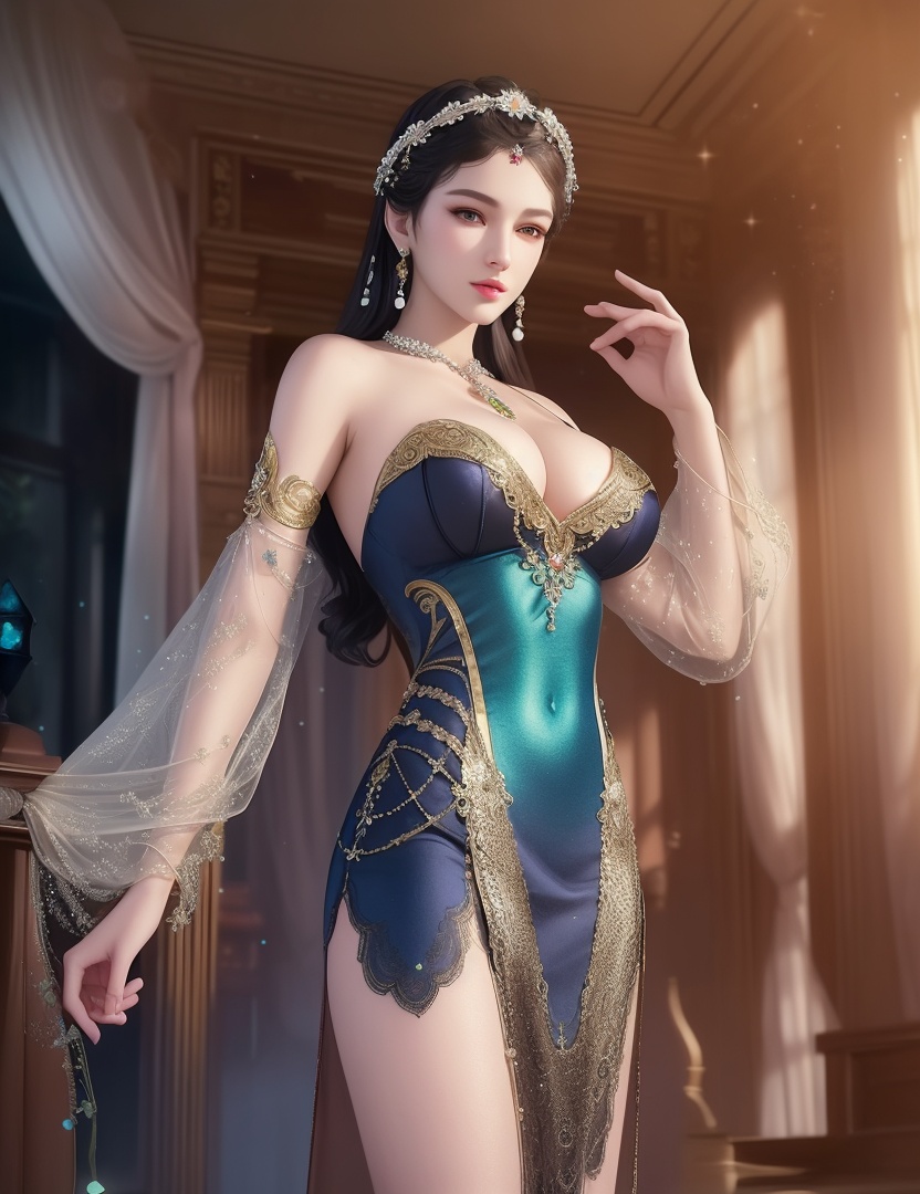 ultra realistic 8k cg, picture-perfect face, flawless, clean, masterpiece, professional artwork, famous artwork, cinematic lighting, cinematic bloom, perfect face, beautiful face, fantasy, dreamlike, unreal, science fiction,  beautiful clothes, lace, lace trim, lace-trimmed legwear,  (rich:1.4), prestige, luxury, jewelry, diamond, gold, pearl, gem, sapphire, ruby, emerald, intricate detail, delicate pattern, charming, alluring, seductive, erotic, enchanting, hair ornament, necklace, earrings, bracelet, armlet,halo((,1girl, pov,))(((,  1girl,  solo,looking at viewer, ))),(((1girl, solo, dress, jewelry,large breasts, )))<lora:DA_WhiteSnakeGreenSnake:0.7>